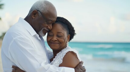 Obraz premium Elderly african couple embracing on beach in joyful moment