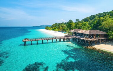 Obraz premium A luxurious wooden pier leading into turquoise waters, set against a pristine white sand beach and a clear blue sky