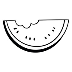 Hand drawn doodle bitten watermelon slice on white background.