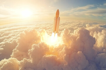 Naklejka premium Rocket launching through clouds at sunrise.