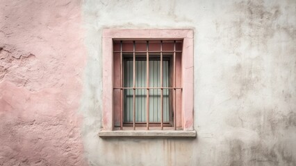 A rustic window with metal bars set in a weathered wall featuring contrasting pink and gray plaster