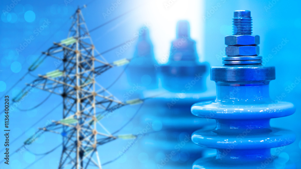 Poster electric transformer. high voltage power lines. fragment of coil from power shield. current groundin