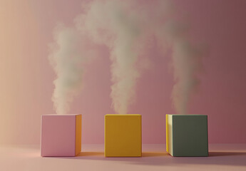 Three cubes of different colors with smoke coming out, simple background