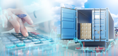 Accounting for logistics costs. Calculator near truck. Container with boxes. Hand of accountant...