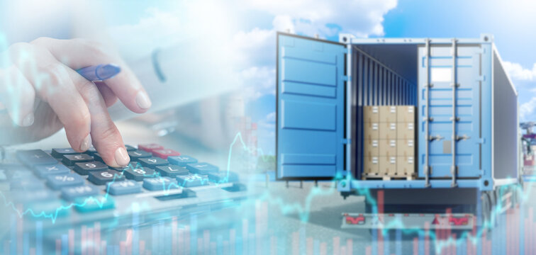 Accounting for logistics costs. Calculator near truck. Container with boxes. Hand of accountant counting expenses. Accounting for logistics costs. Chart prices for cargo transportation. Lorry at port - Powered by Adobe