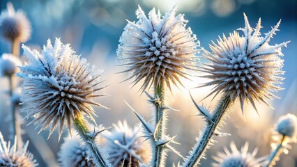 Frost-Covered Thistle Blossoms Glistening in the Morning Sun