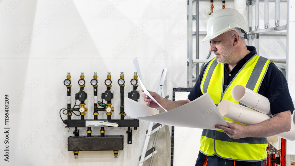 Poster man engineer with papers in hands. worker is standing in basement. builder in room with utilities. m
