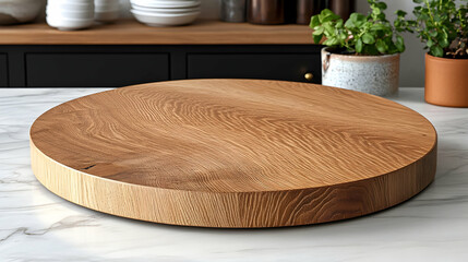 Round wooden serving board on marble surface.