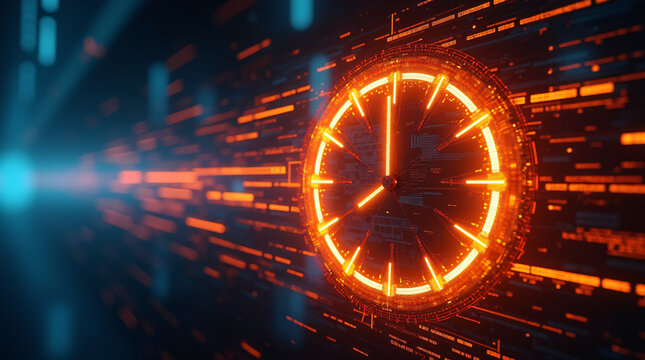 Modern futuristic image of a clock traveling through a tunnel. Time management and time travel concept. Horizontal image.