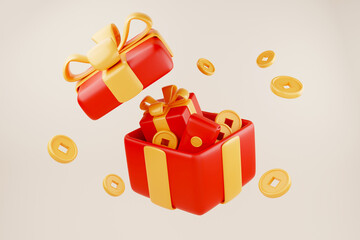 Gifts and coins in a red gift box, Chinese New Year gifts, 3D rendering