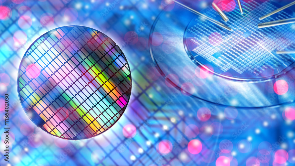 Poster semiconductor production. manufacturing microelectronics. microprocessor under magnifying glass. clo
