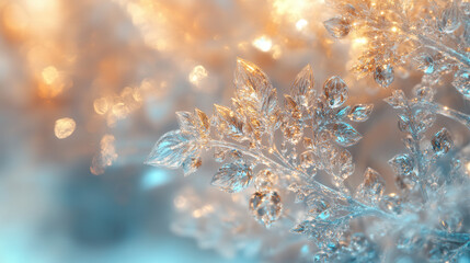 An abstract frosted glass-like surface with intricate, branching crystal structures, glowing with hues of teal and golden amber