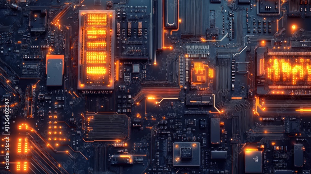 Poster high-tech circuit board with glowing components and connections