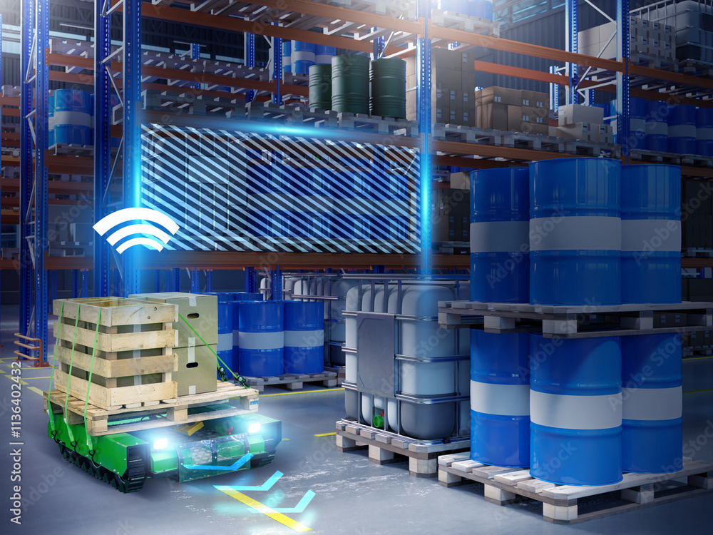 Poster warehouse robot. fulfillment technology. agv moves pallet around warehouse. robotic cart inside dist