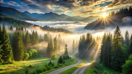 Serene Sunrise Over Misty Mountain Road and Evergreen Forest