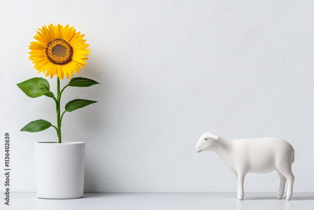 Poster a minimalist depiction of a ewe grazing near a single sunflower in a clean, white background setting