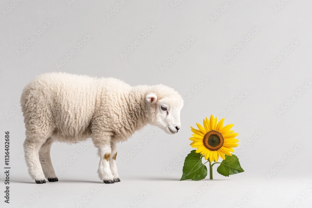 Poster a minimalist depiction of a ewe grazing near a single sunflower in a clean, white background setting