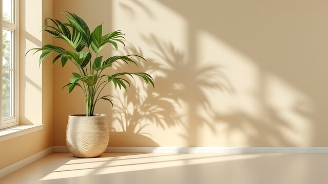 Empty brown and beige studio space featuring leaf shadows suitable for product presentations Seasonal background with a tropical flair 3D rendering