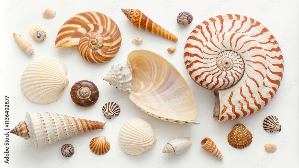 Poster Collection of Unique Seashells Showcasing Diverse Shapes and Textures on a Light Background. Generative AI