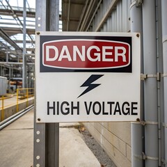 A rectangular sign with a red "Danger" header, a black lightning bolt symbol, and bold black text reading "High Voltage" on a white background, placed on an industrial wall.