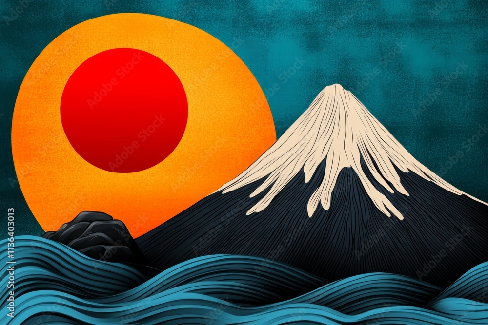 Poster a minimalist illustration of a mountain silhouette with a rising sun, symbolizing growth and transfo