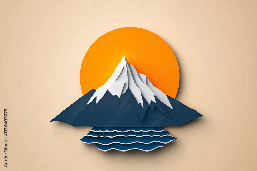 Poster a minimalist illustration of a mountain silhouette with a rising sun, symbolizing growth and transfo