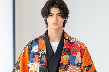 A modern take on traditional fashion, featuring a man in a kimono-style jacket with contemporary patterns
