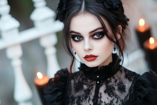 A mysterious editorial featuring a model in Victorian-inspired gothic attire, surrounded by flickering candles and dark decor