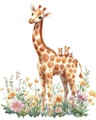 A charming, hand-painted giraffe standing among colorful wildflowers, embodying the beauty of nature and wildlife.