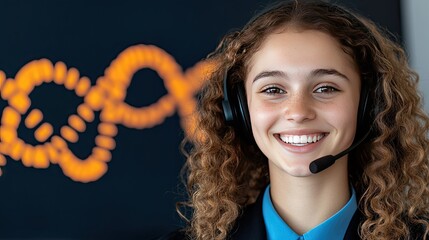 Joyful customer service representative actively engaging with clients in a bustling call center environment