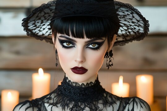 A mysterious editorial featuring a model in Victorian-inspired gothic attire, surrounded by flickering candles and dark decor