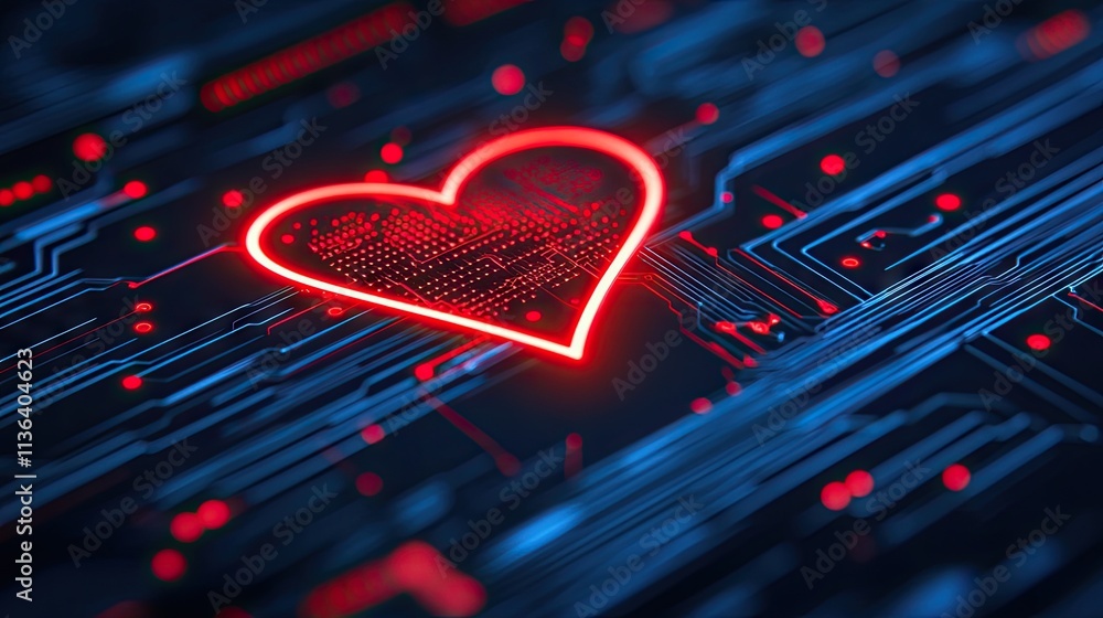 Poster neon red heart on abstract digital circuit background design