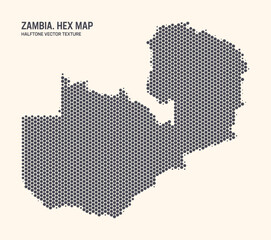 Zambia Map Vector Hexagonal Halftone Pattern Isolate On Light Background. Hex Texture in the Form of Map of Zambia. Modern Technologic Military Contour Map of Zambia for Design or Business Projects