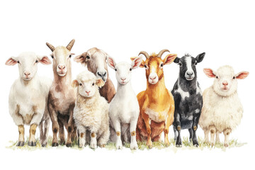 Fototapeta premium A colorful assortment of sheep and goats standing together in a pasture, showcasing their diverse breeds and unique features against a white background.