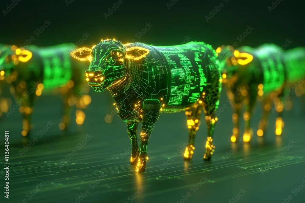 Poster a neon-lit cyberpunk farm where robotic systems manage cattle and ewes, with glowing collars trackin