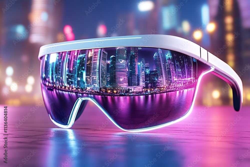 Poster a neon-lit cyberpunk vision of eyeglasses with glowing frames, displaying holographic data in a bust