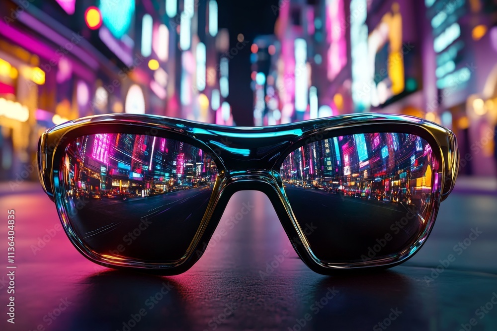 Poster a neon-lit cyberpunk vision of eyeglasses with glowing frames, displaying holographic data in a bust