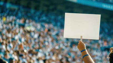 Banner in the hand of a fan at a sports stadium during a match, white empty background to fill copy space