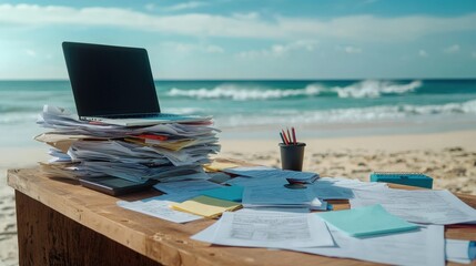 Obraz premium A workaholic's desk overflowing with paperwork and a laptop set up on a sandy beach, waves gently crashing in the background