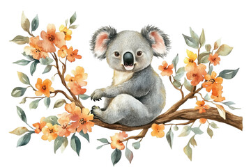 Obraz premium A cute koala sitting on a branch surrounded by vibrant flowers. Perfect for nature-related designs, wildlife themes, or children's illustrations.