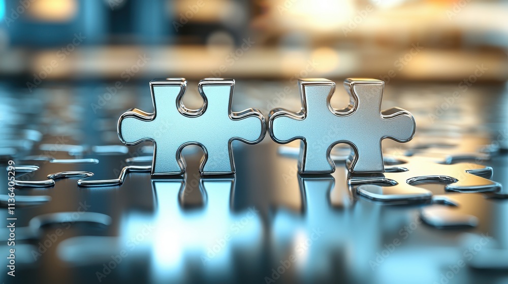 Poster two puzzle pieces connected on a reflective surface with soft background lighting