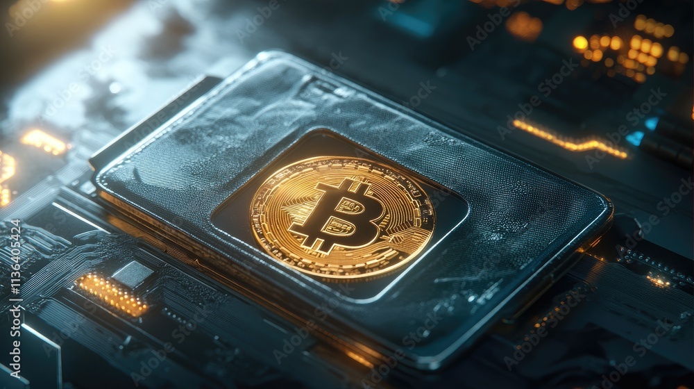 Aufkleber high-tech digital bitcoin coin on circuit board background
