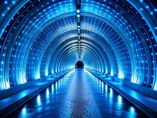 Abstract Blue Tunnel Light, Deep Depth of Field, Futuristic Sci-Fi Corridor, Digital Art, 3D Render, Blue Neon Lights, Glowing Tunnel, Abstract Background,  Infinity Tunnel, Light Trails, 