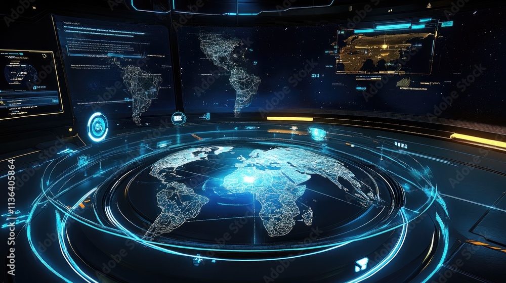 Poster futuristic digital world map with high-tech display interfaces