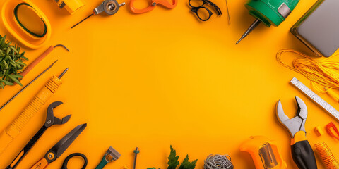 vibrant collection of tools and materials on yellow background, including scissors, pliers, and tape, perfect for DIY projects and crafts