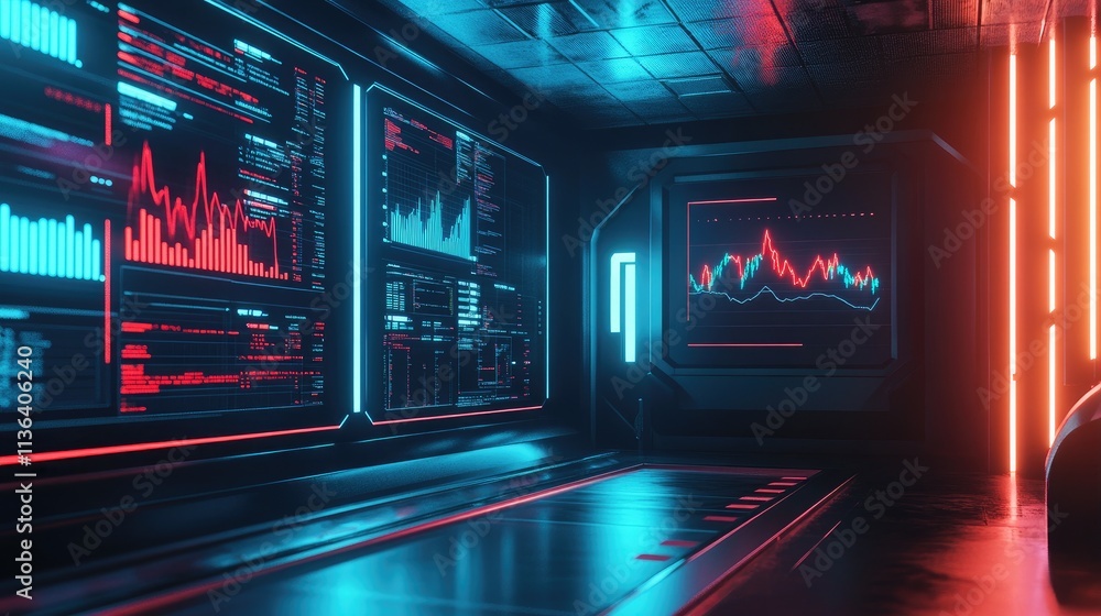 Poster futuristic data analysis room with neon lights and graph displays