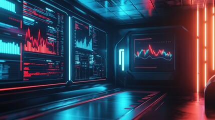 Obraz premium Futuristic Data Analysis Room with Neon Lights and Graph Displays