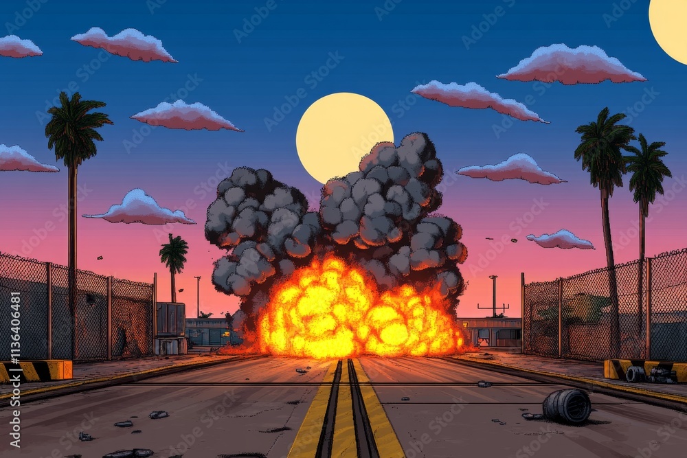 Poster A pixel art explosion in a retro video game setting, with blocky flames and smoke animated in vibrant pixelated patterns