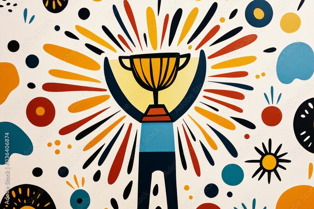 Poster a playful 2d depiction of a person holding a shining trophy with rays of light emanating, drawn in b