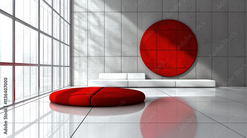 Poster modern minimalist interior design with red accent elements and large windows